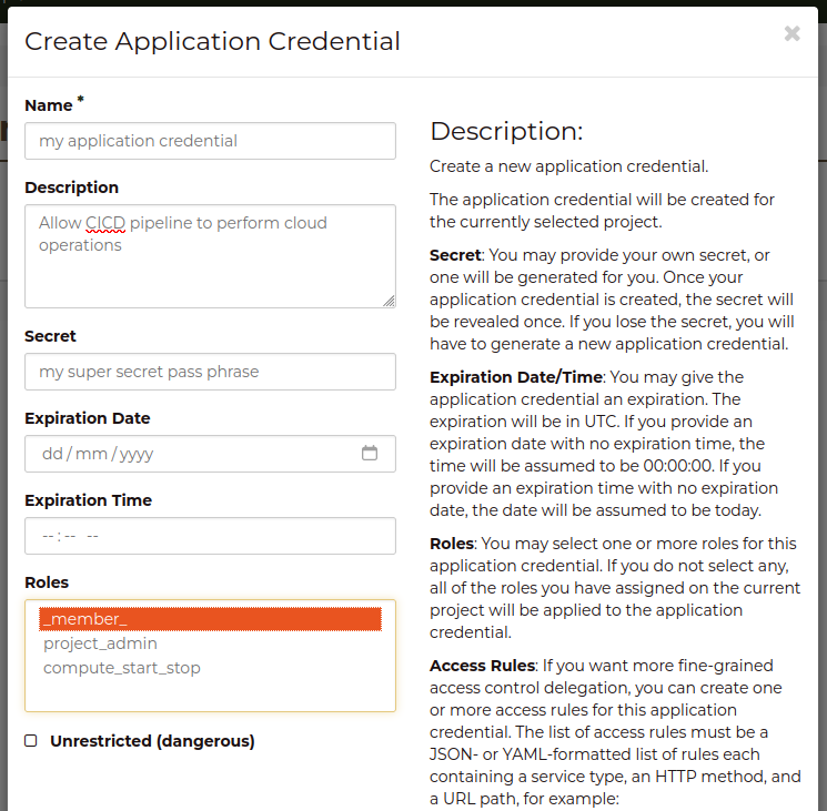 Application Credential Create
