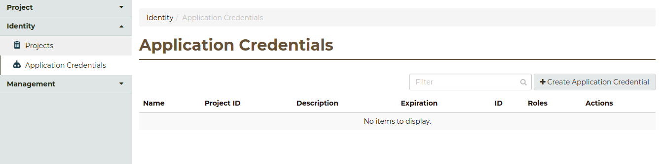 Application Credential Menu